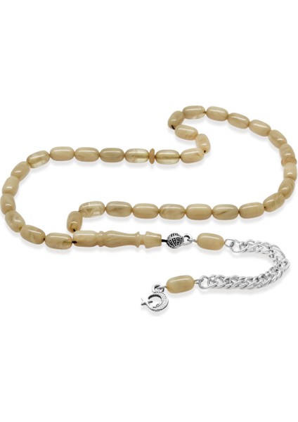 Ateş Kehribar Tesbih - Kararmaz Metal Püsküllü - Mini Boy - Hareli Beyaz - Kapsül Kesim