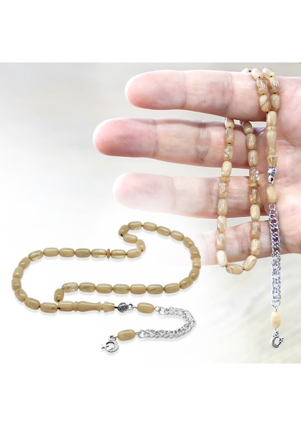 Ateş Kehribar Tesbih - Kararmaz Metal Püsküllü - Mini Boy - Hareli Beyaz - Kapsül Kesim fiyatları