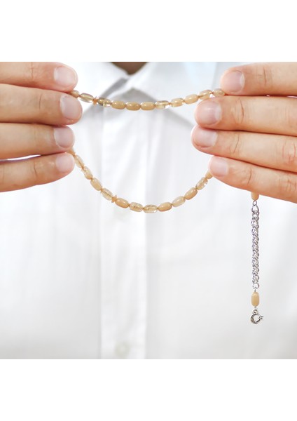 Ateş Kehribar Tesbih - Kararmaz Metal Püsküllü - Mini Boy - Hareli Beyaz - Kapsül Kesim fırsatları