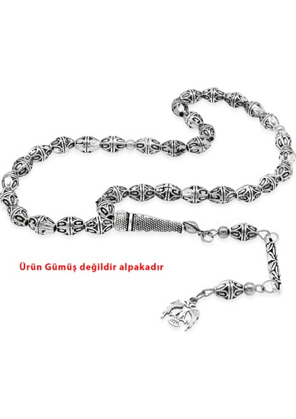 Tasarım Kalem Işçilikli Çift Başlı Kartal Püsküllü Arpa Kesim Oksitli Gümüş Renk Alpaka Tesbih
