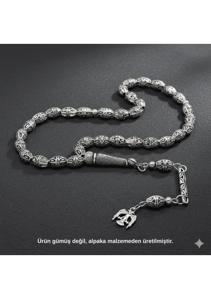 Tasarım Kalem Işçilikli Çift Başlı Kartal Püsküllü Arpa Kesim Oksitli Gümüş Renk Alpaka Tesbih fiyatları