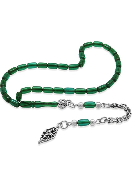 Ateş Kehribar Tesbih - Kararmaz Metal Arnavut Püsküllü - Mini Boy - Yeşil Renk - Kapsül Kesim