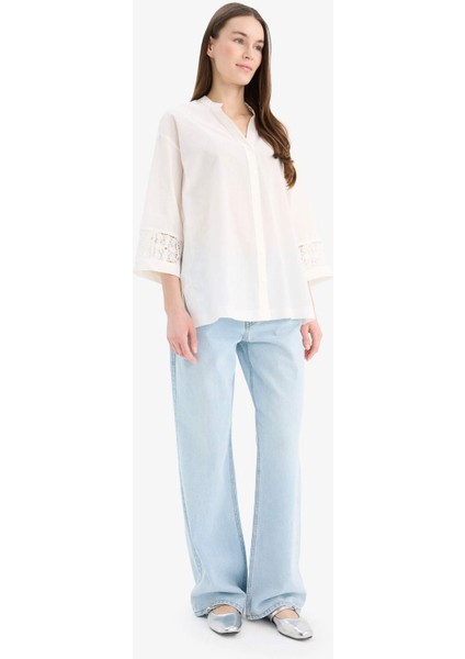 Relax Fit Apaş Yaka Basic Düz Uzun Kollu Gömlek