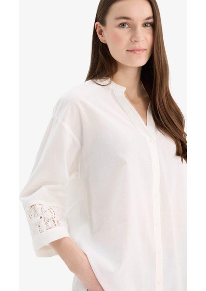 Relax Fit Apaş Yaka Basic Düz Uzun Kollu Gömlek