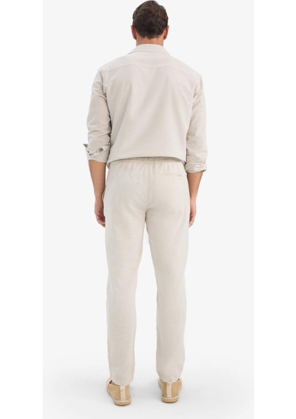 %100 Pamuk Keten Görünümlü Pantolon Beli Lastikli Slim Fit Dar Kesim Cepli Düz Paça D2671AX25SM