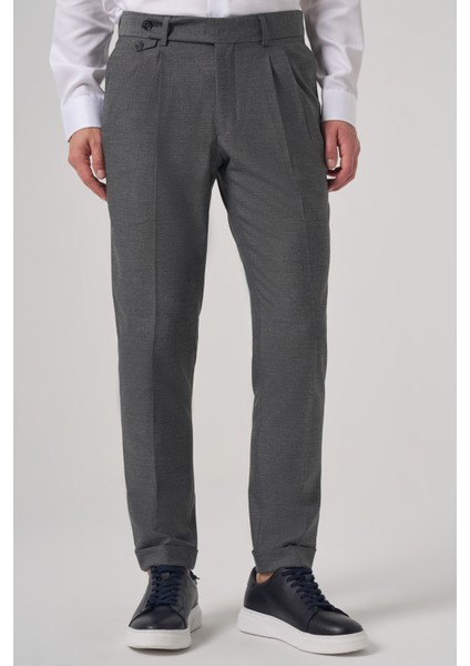 Erkek Füme Poliviskon Trend Desenli Slim Fit Çift Pile Pantolon