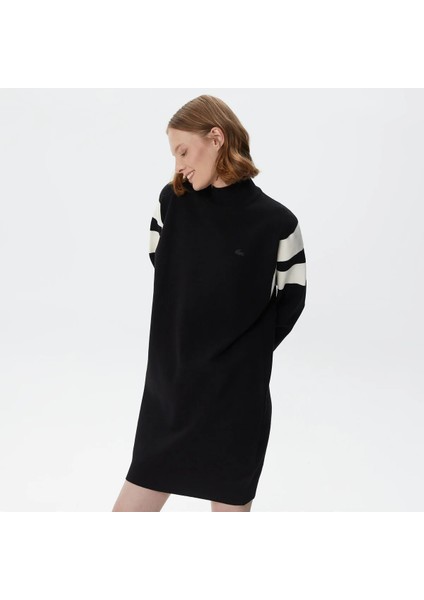 Kadın Loose Fit Uzun Kollu Bisiklet Yaka Siyah Elbise
