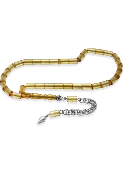 Ateş Kehribar Tesbih - Kararmaz Metal Püsküllü - Mini Boy - Bej Renk - Kesme Kesim