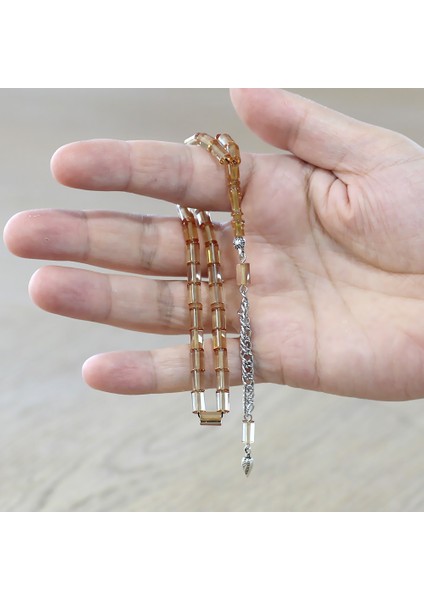 Ateş Kehribar Tesbih - Kararmaz Metal Püsküllü - Mini Boy - Bej Renk - Kesme Kesim modelleri