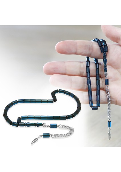Ateş Kehribar Tesbih - Kararmaz Metal Püsküllü - Mini Boy - Mavi - Kesme Kesim fiyatları