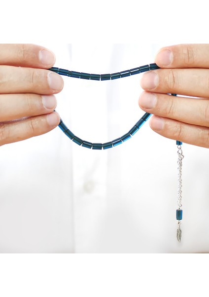 Ateş Kehribar Tesbih - Kararmaz Metal Püsküllü - Mini Boy - Mavi - Kesme Kesim fırsatları