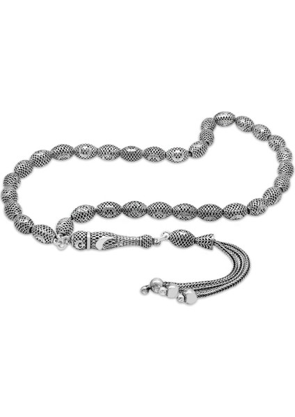 3 Lü Kamçı Püsküllü Telkari Tasarım Ayyıldız Detaylı Arpa Kesim Eskitme Renk 925 Ayar Gümüş Tesbih