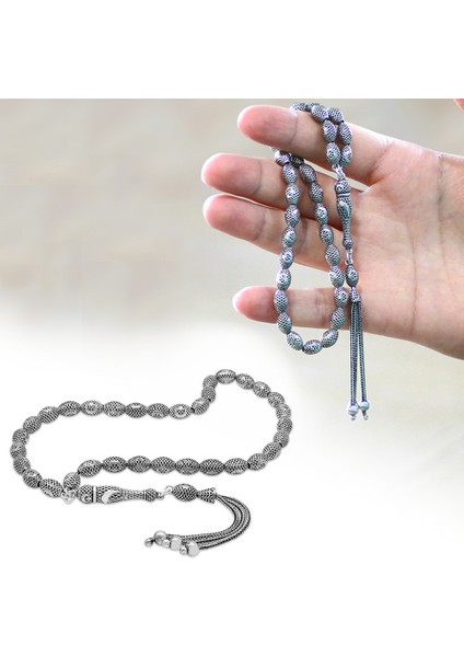 3 Lü Kamçı Püsküllü Telkari Tasarım Ayyıldız Detaylı Arpa Kesim Eskitme Renk 925 Ayar Gümüş Tesbih fiyatları