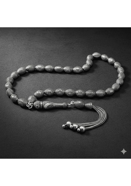 3 Lü Kamçı Püsküllü Telkari Tasarım Ayyıldız Detaylı Arpa Kesim Eskitme Renk 925 Ayar Gümüş Tesbih modelleri