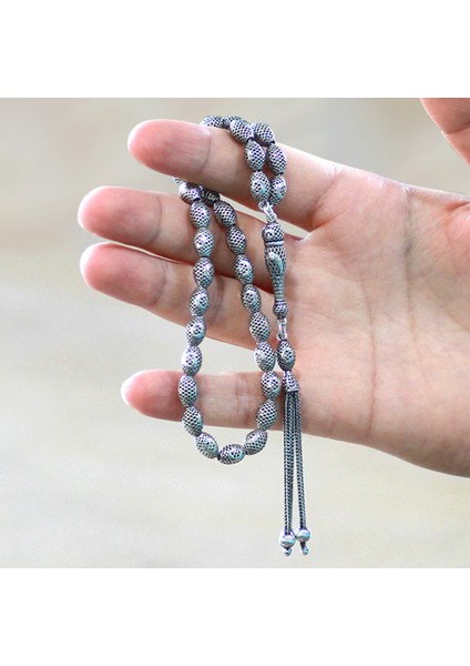 3 Lü Kamçı Püsküllü Telkari Tasarım Ayyıldız Detaylı Arpa Kesim Eskitme Renk 925 Ayar Gümüş Tesbih fırsatları