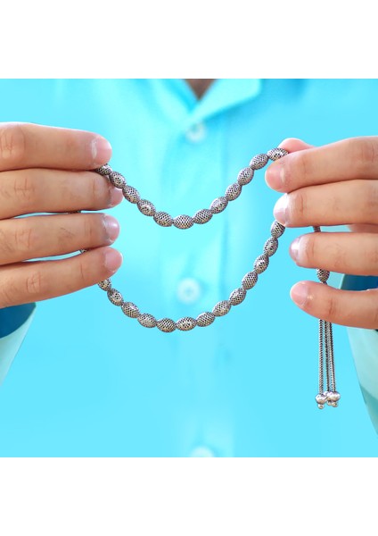 3 Lü Kamçı Püsküllü Telkari Tasarım Ayyıldız Detaylı Arpa Kesim Eskitme Renk 925 Ayar Gümüş Tesbih indirimleri