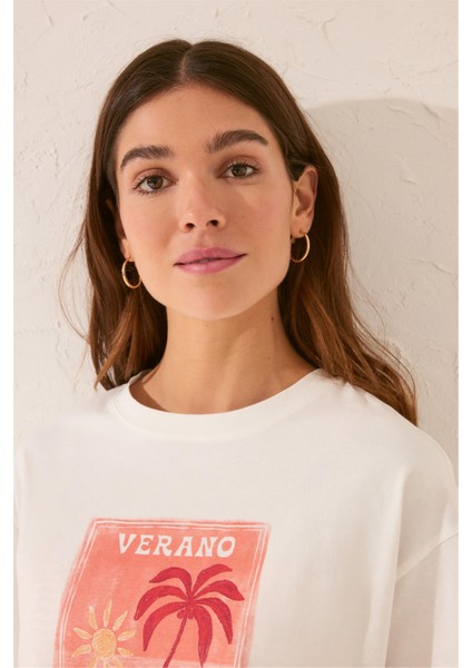 Palmiye Baskılı Beyaz Pijama Üstü fırsatları