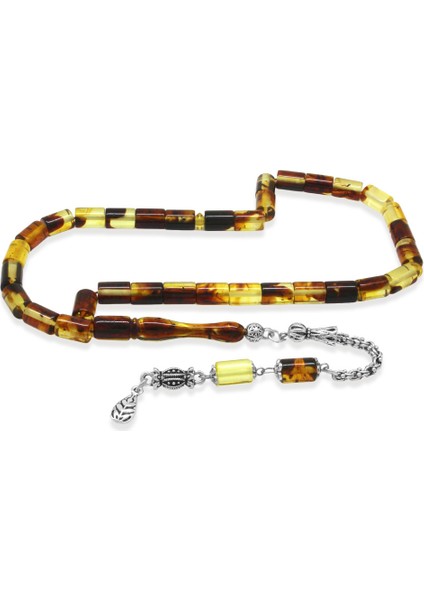 Fosilli Beyrut Kehribar Tesbih - Kararmaz Metal Püsküllü - Sarı Siyah - Kesme Kesim