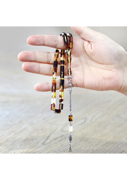 Fosilli Beyrut Kehribar Tesbih - Kararmaz Metal Püsküllü - Sarı Siyah - Kesme Kesim modelleri