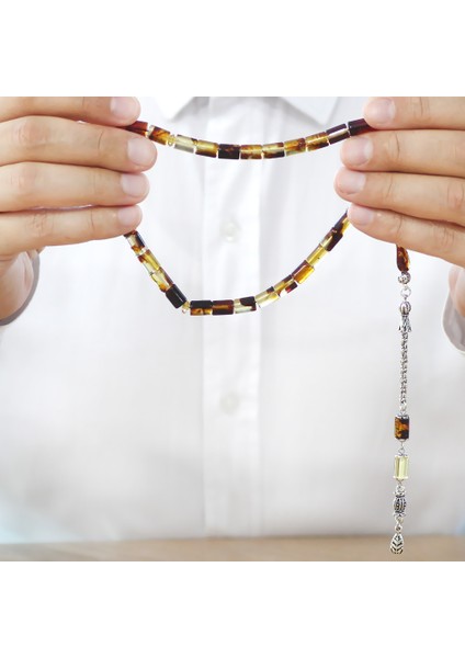 Fosilli Beyrut Kehribar Tesbih - Kararmaz Metal Püsküllü - Sarı Siyah - Kesme Kesim fırsatları