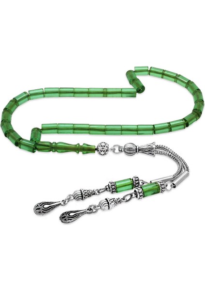 Ateş Kehribar Tesbih - Kararmaz Metal Damla Püsküllü - Yeşil Renk - Mini Boy - Kesme Kesim