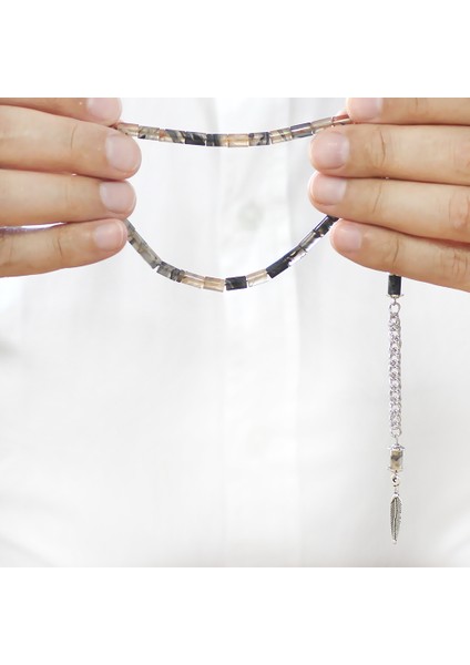 Ateş Kehribar Tesbih - Kararmaz Metal Püsküllü - Mini Boy - Hareli Siyah Beyaz Renk - Kesme Kesim modelleri