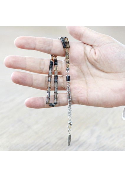 Ateş Kehribar Tesbih - Kararmaz Metal Püsküllü - Mini Boy - Hareli Siyah Beyaz Renk - Kesme Kesim fırsatları