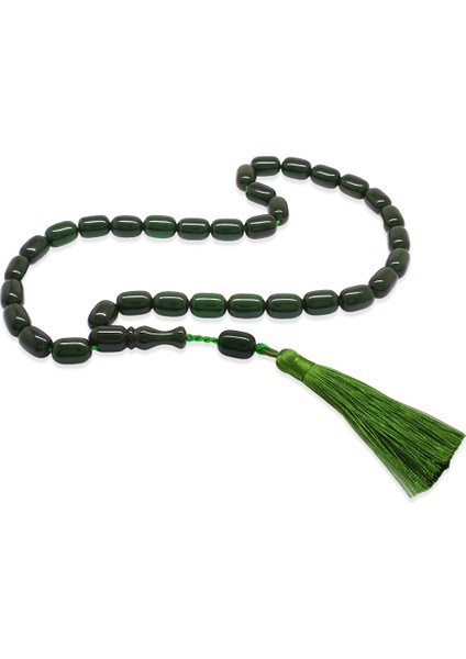 Osmanlı Saray Püsküllü Yeşil Çubuk Sıkma Kehribar Tesbih Maxi Boy Kapsül Kesim