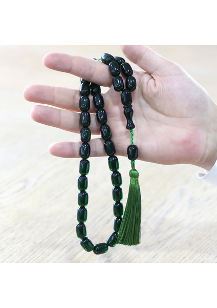 Osmanlı Saray Püsküllü Yeşil Çubuk Sıkma Kehribar Tesbih Maxi Boy Kapsül Kesim fırsatları