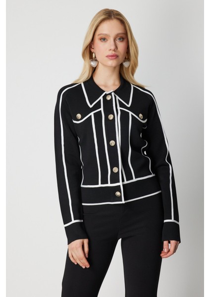 Kadın Şerit Detaylı Çıtçıt Kapamalı Hırka 69908 Siyah