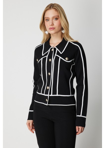 Kadın Şerit Detaylı Çıtçıt Kapamalı Hırka 69908 Siyah fiyatları