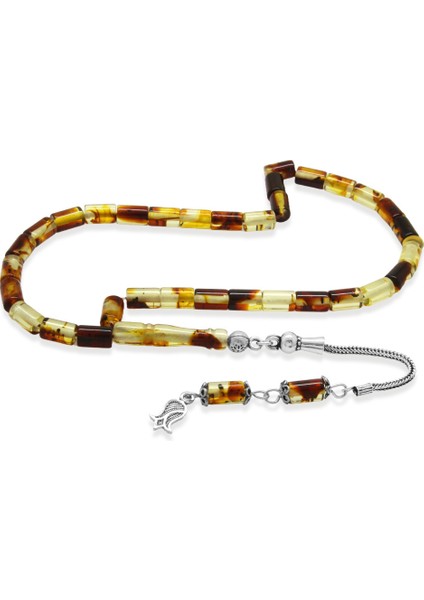 Fosilli Beyrut Kehribar Tesbih - 925 Ayar Gümüş Püsküllü - Mini Boy - Sarı Siyah - Kesme Kesim