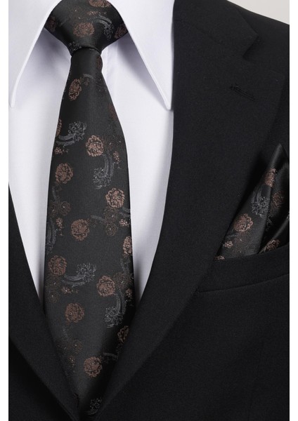8 cm Klasik Geniş Hand Made Siyah - Kahverengi Çiçek Desen Mendilli Kravat