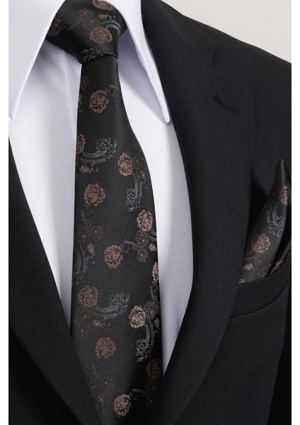 8 cm Klasik Geniş Hand Made Siyah - Kahverengi Çiçek Desen Mendilli Kravat fiyatları