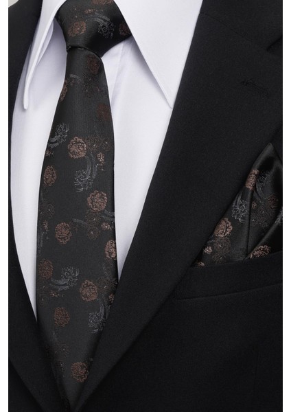 8 cm Klasik Geniş Hand Made Siyah - Kahverengi Çiçek Desen Mendilli Kravat modelleri