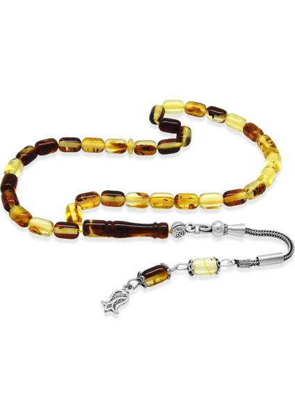 Fosilli Beyrut Kehribar Tesbih - 925 Ayar Gümüş Püsküllü - Mini Boy - Sarı Siyah - Kapsül Kesim