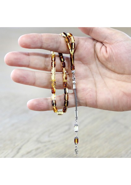 Fosilli Beyrut Kehribar Tesbih - 925 Ayar Gümüş Püsküllü - Mini Boy - Sarı Siyah - Kapsül Kesim modelleri