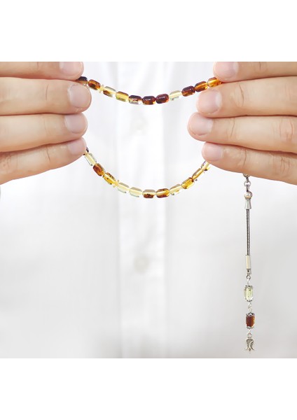 Fosilli Beyrut Kehribar Tesbih - 925 Ayar Gümüş Püsküllü - Mini Boy - Sarı Siyah - Kapsül Kesim fırsatları