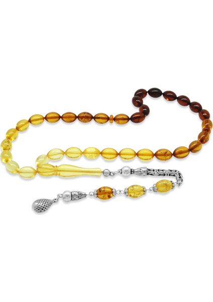 925 Ayar Gümüş Kral Zincir Püsküllü Arpa Kesim Süzme Sarı Kırmızı Damla Kehribar Tesbih