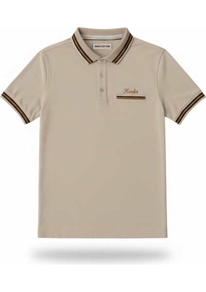 Kişiye Özel Nakışlı Cep Yaka Garnili Kısa Kollu Ribana Yaka Premium Krem Rengi Tişört Xl