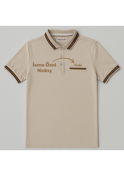 Kişiye Özel Nakışlı Cep Yaka Garnili Kısa Kollu Ribana Yaka Premium Krem Rengi Tişört Xl fırsatları