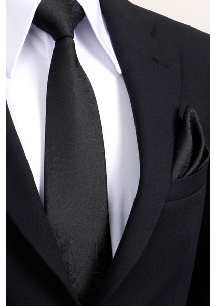 8 cm Klasik Geniş Hand Made Siyah Desenli Mendilli Kravat