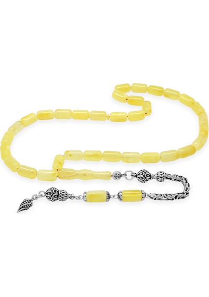 925 Ayar Gümüş Kral Zincir Püsküllü Kapsül Kesim Soft Sarı Doğal Damla Kehribar Tesbih