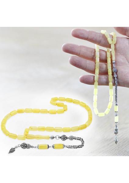 925 Ayar Gümüş Kral Zincir Püsküllü Kapsül Kesim Soft Sarı Doğal Damla Kehribar Tesbih fiyatları