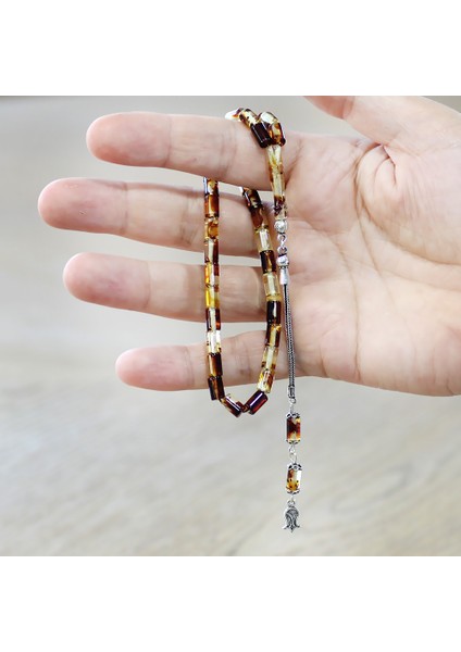 Fosilli Beyrut Kehribar Tesbih - 925 Ayar Gümüş Püsküllü - Mini Boy - Sarı Siyah - Kesme Kesim modelleri