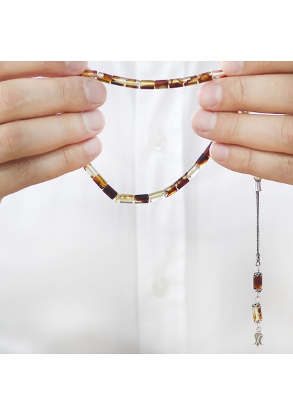 Fosilli Beyrut Kehribar Tesbih - 925 Ayar Gümüş Püsküllü - Mini Boy - Sarı Siyah - Kesme Kesim fırsatları