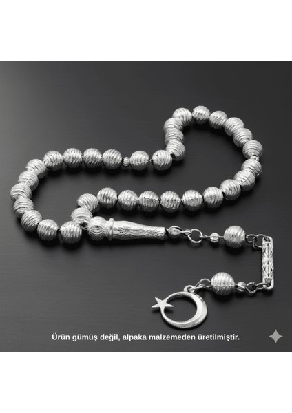 Helezon Tasarım Kalem Işçilikli Ayyıldız Püsküllü Küre Kesim Gümüş Renk Alpaka Tesbih fiyatları