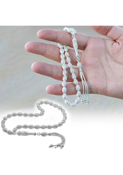 3 Lü Kamçı Püsküllü Çeşmi Bülbül Detaylı Telkari Tasarım Arpa Kesim Gümüş Renk 925 Ayar Gümüş Tesbih fiyatları