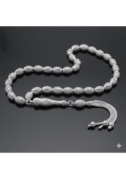 3 Lü Kamçı Püsküllü Çeşmi Bülbül Detaylı Telkari Tasarım Arpa Kesim Gümüş Renk 925 Ayar Gümüş Tesbih modelleri