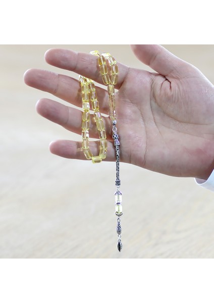 925 Ayar Gümüş Kral Zincir Püsküllü Tombul Kapsül Kesim Ihlamur Sarı Doğal Damla Kehribar Tesbih fırsatları